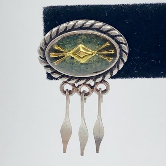 Relios Southwest Sterling Silver Green Yellow Inlay Tassel Pierced Earrings - Picture 10 of 12